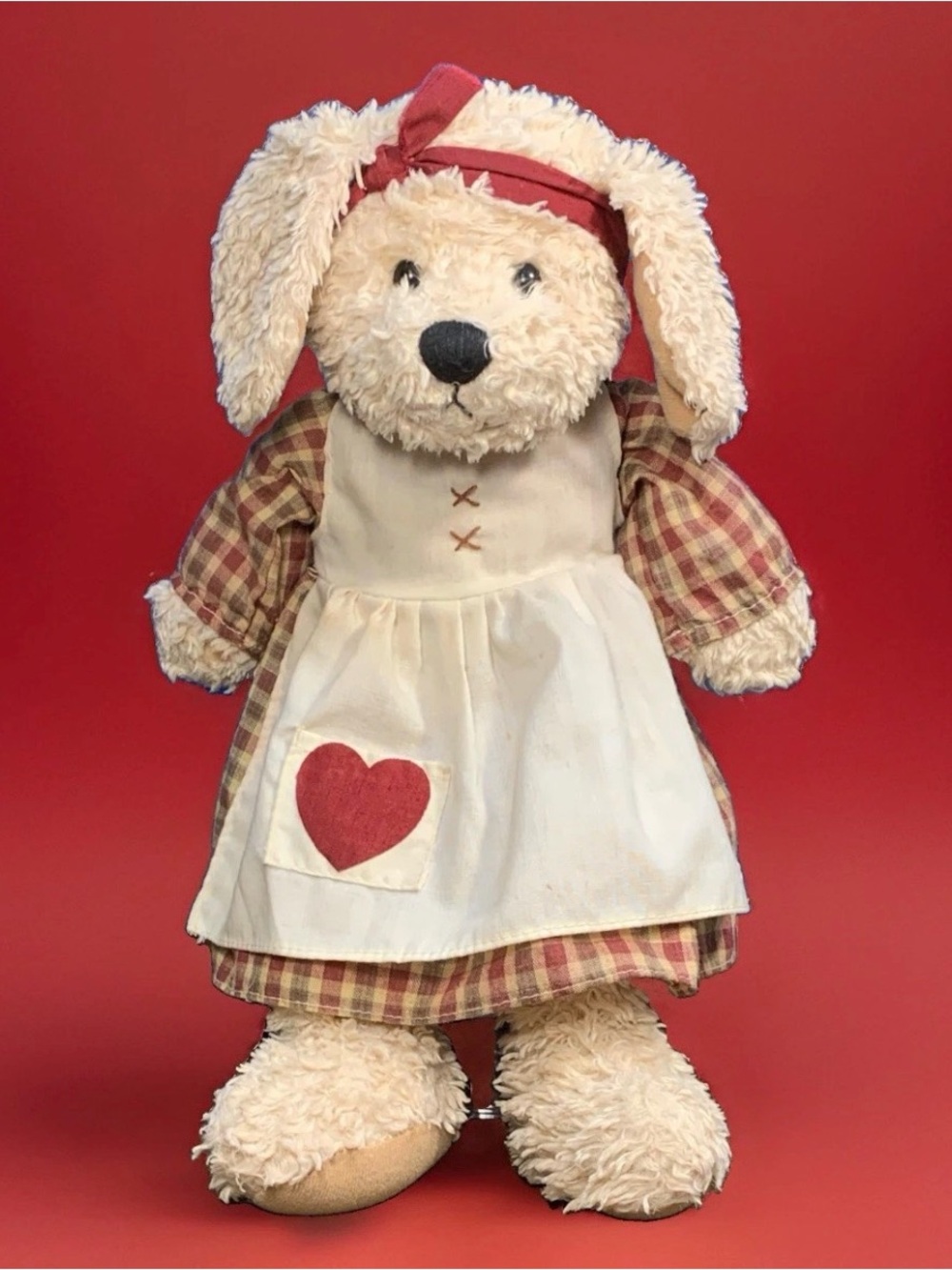 Vintage 13” Handmade Plush Dog Doll Primitive Country Plaid Dress Heart Apron